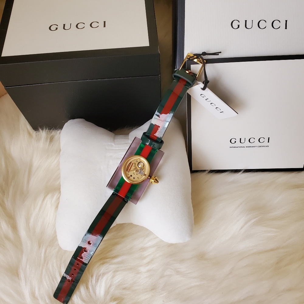 Gucci Rare Skeleton Sherry Line Leather Belt Buckle Green Watch